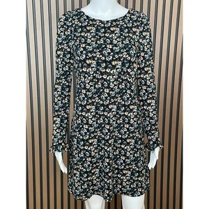 Free People Say Hello Women's Dress Mini Back Keyhole Bell Sleeve S Black Floral